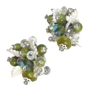 Vendome Vintage Beaded Clip-On Earrings With Green & White Beads Rhinestones & S